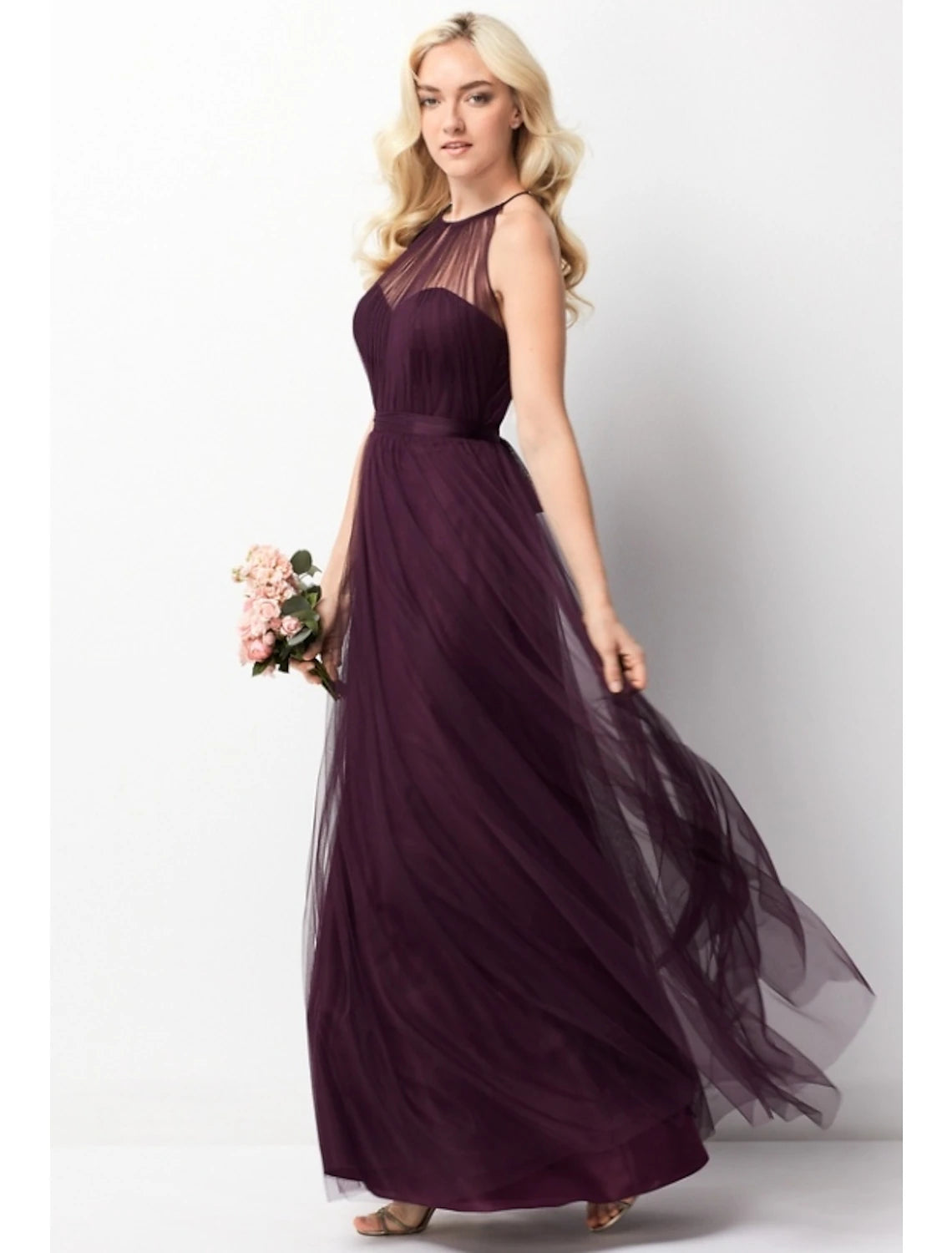 Abito da damigella d'onore a trapezio, senza maniche, elegante, in chiffon/tulle, lungo fino al pavimento, con scollo all'americana